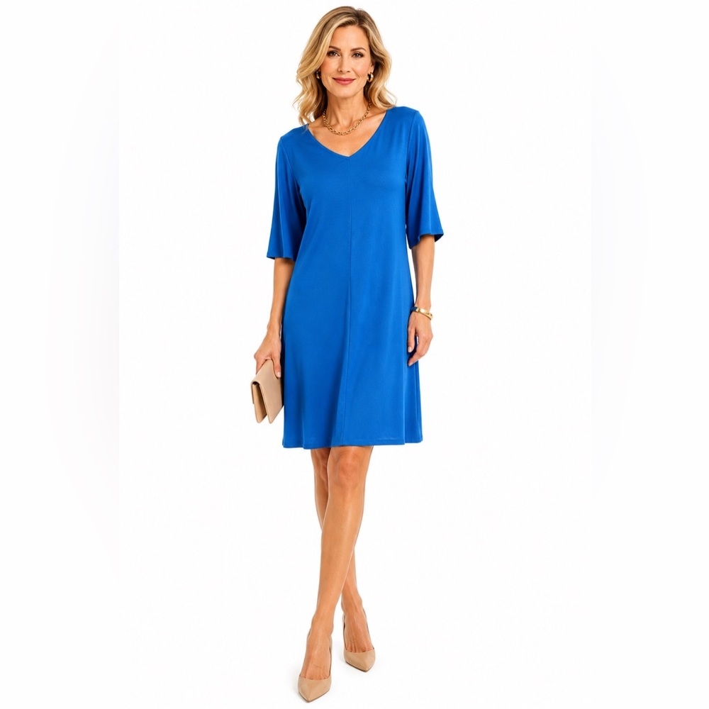 Eileen Fisher Blue V Neck 3/4 Sleeve Midi Easy Wear Swing Dress Sz S